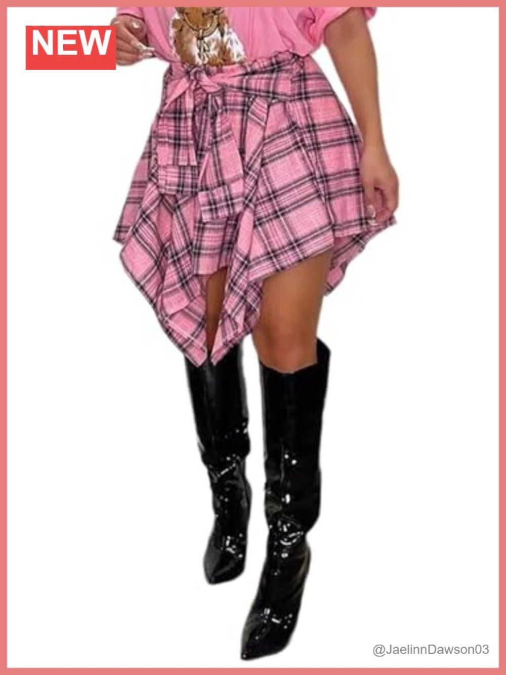 Plaid Mini Skort Elastic High Waist Tie Front Pleated Asymmetrical Hem